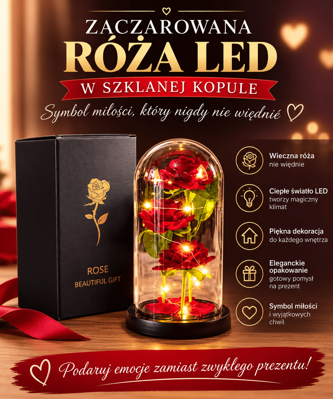 🌹Zaczarowana Róża - Róża LED w Szklanej Kopule🌹