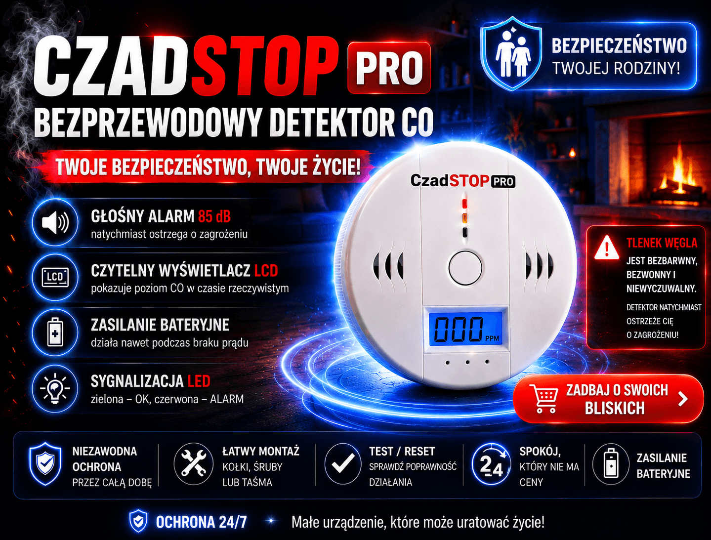 CzadSTOP PRO- Bezprzewodowy Czujnik CZADU, GAZU I DYMU 3W1